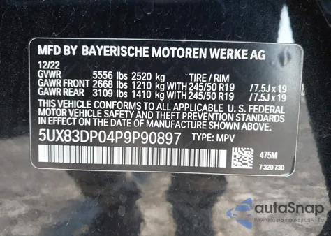 2023 BMW X3 M40I из США, поврежденный, VIN 5UX83DP04P9P90897